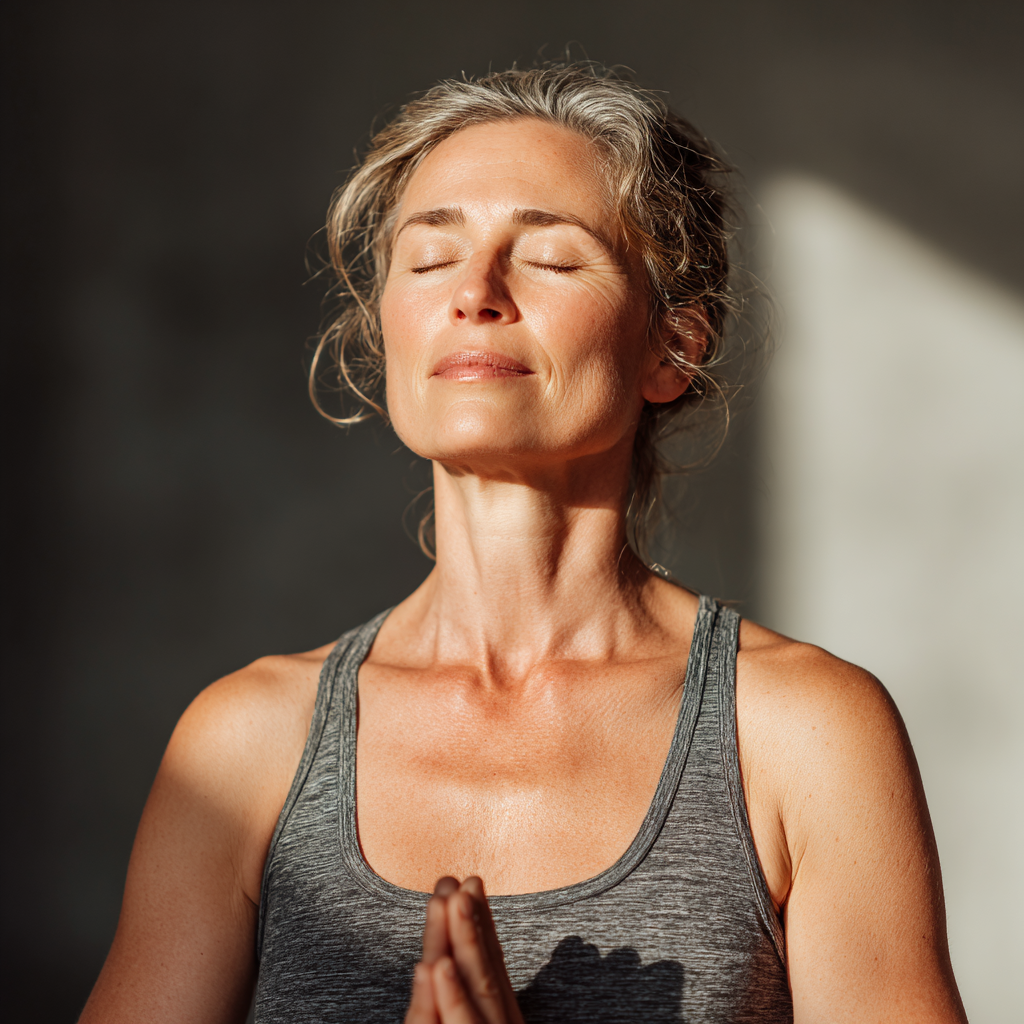 Middle-aged woman practicing gentle yoga movements in natural lighting