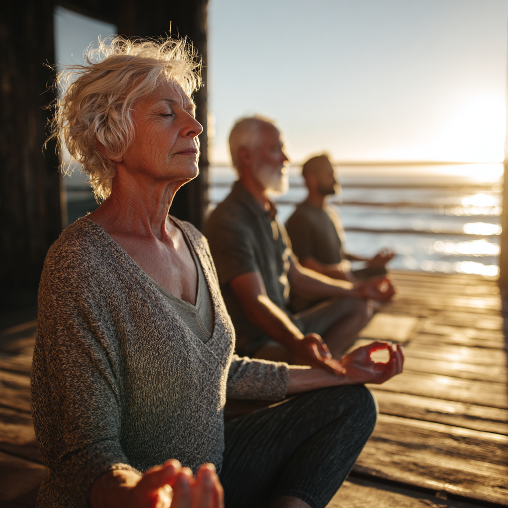 Older adults practicing yoga in serene environment with natural elements